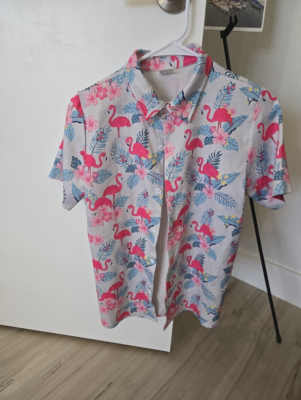 Kids Pink Flamingo Short Sleeve Button-Up Shirt